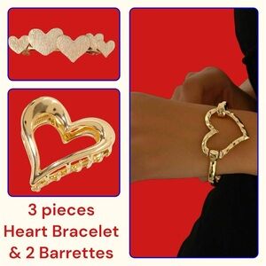 3pc Heart Set bracelet & 2 barrettes gold jewelry hammered metal girlfriend prom